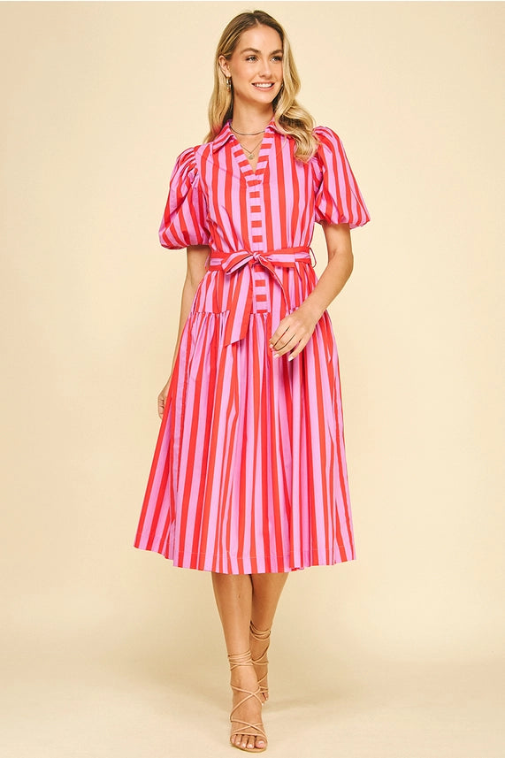 Striped Balloon Sleeve Midi