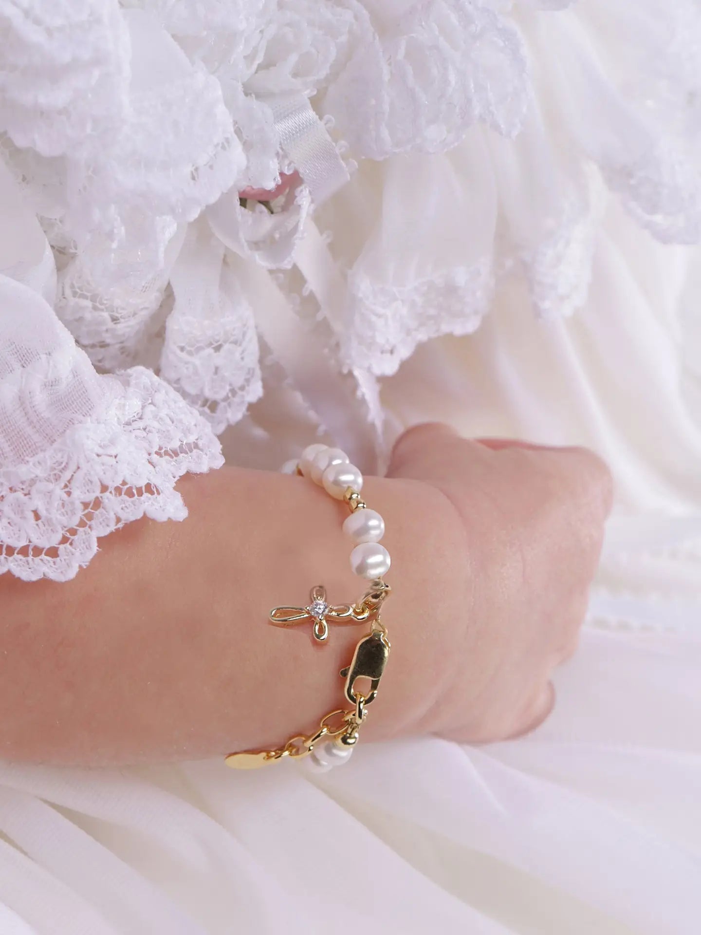 Gold, Pearl, & Cross Charm Baby Bracelet