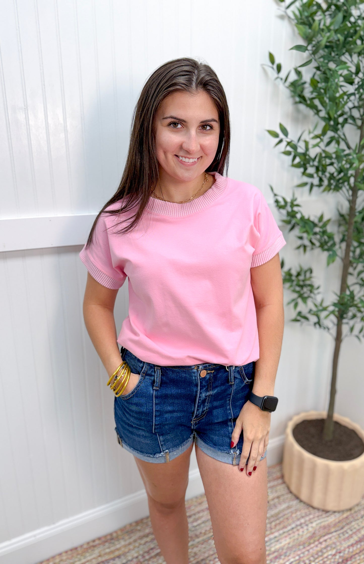 Pink Rib Trim Top