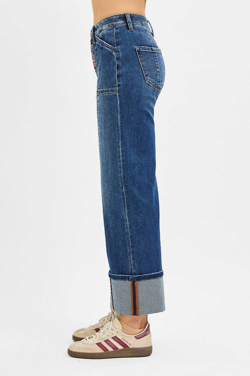 Wide Straight Cuffed Jeans