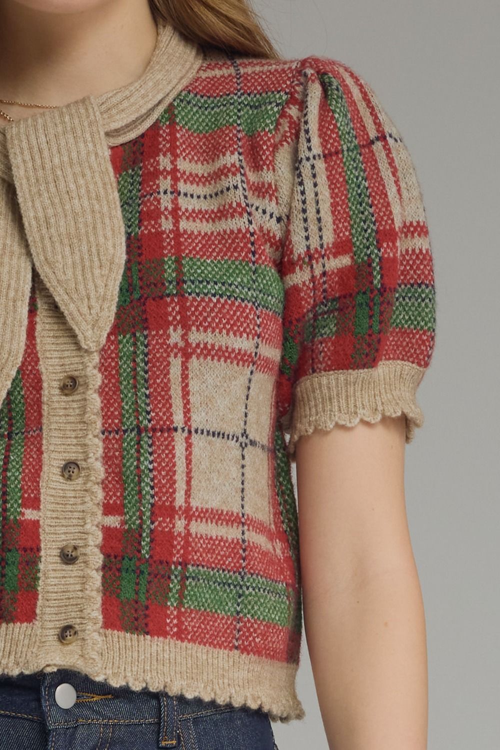 Plaid Knit Puff Sleeve Top