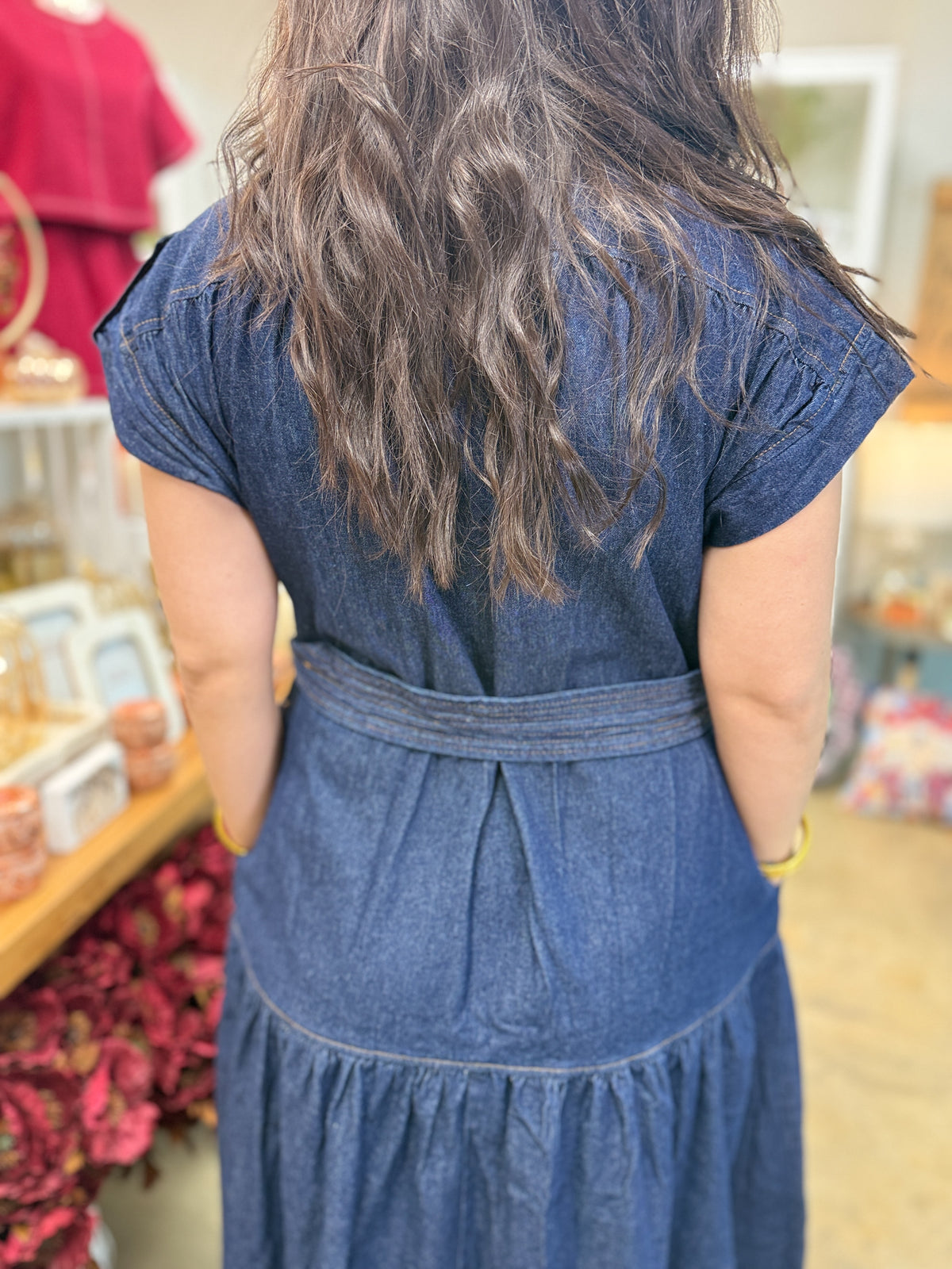 Denim Belted Tiered Midi Dress