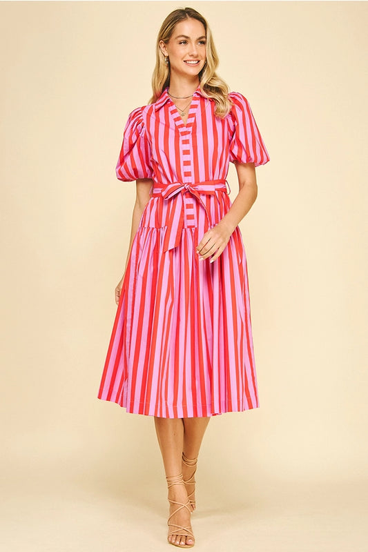 Striped Balloon Sleeve Midi