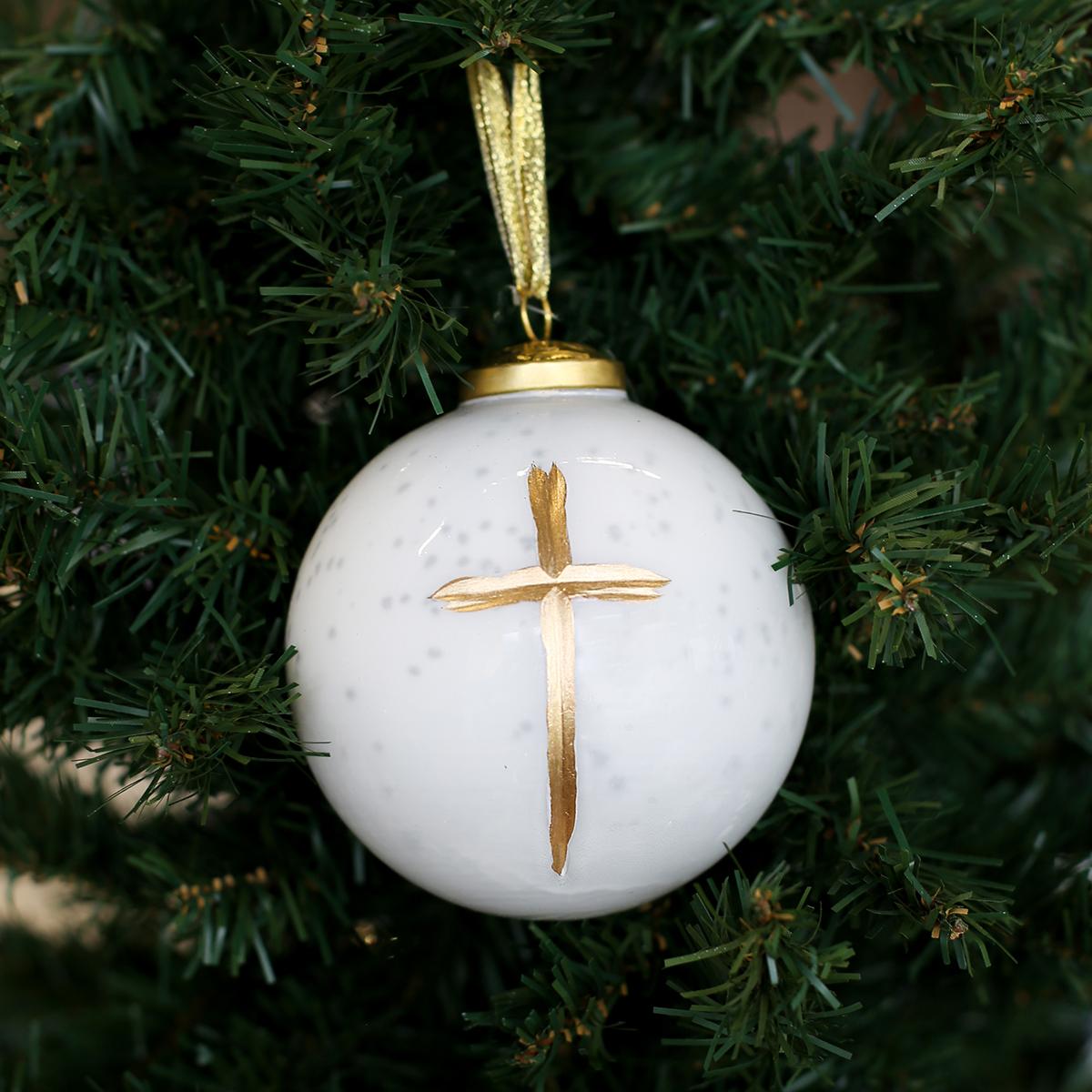 White Cruix Glass Ball Ornament