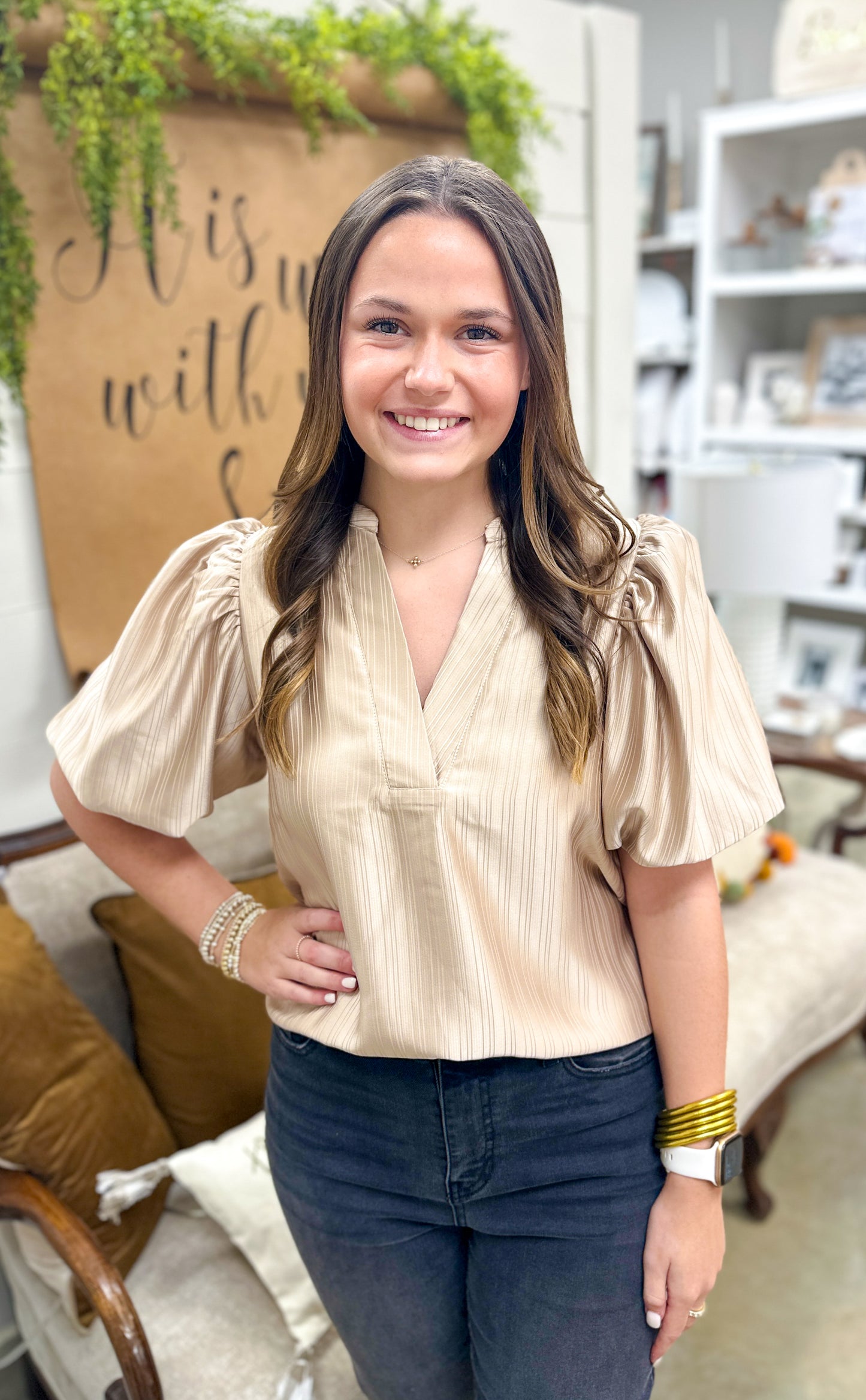 Metallic Taupe Puff Sleeve Top