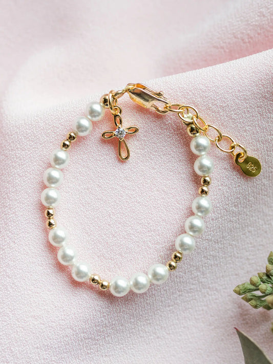 Gold, Pearl, & Cross Charm Baby Bracelet