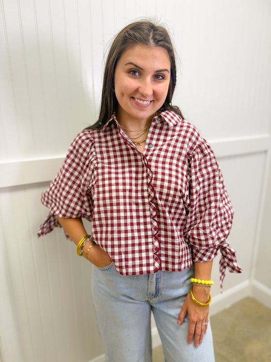 Maroon and White Gingham Top