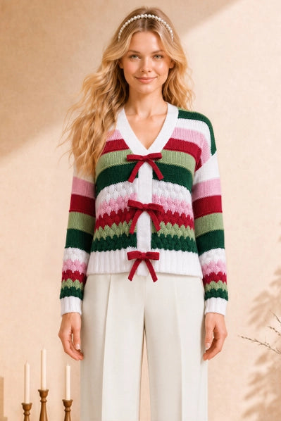 Holiday Ribbon Tie Stripe Cardigan