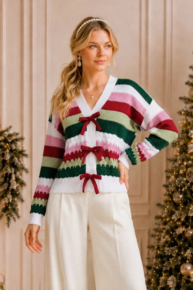 Holiday Ribbon Tie Stripe Cardigan