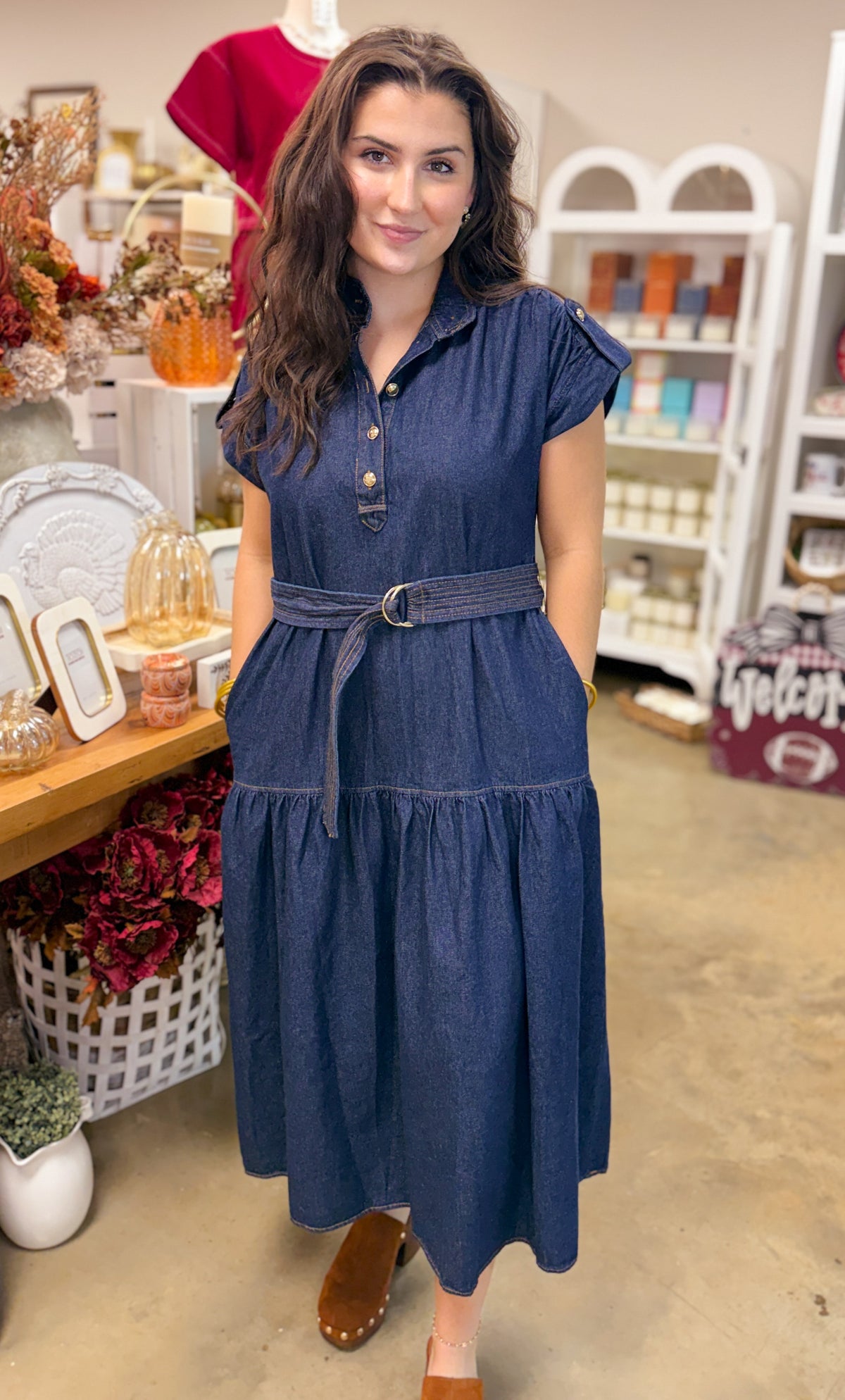 Denim Belted Tiered Midi Dress