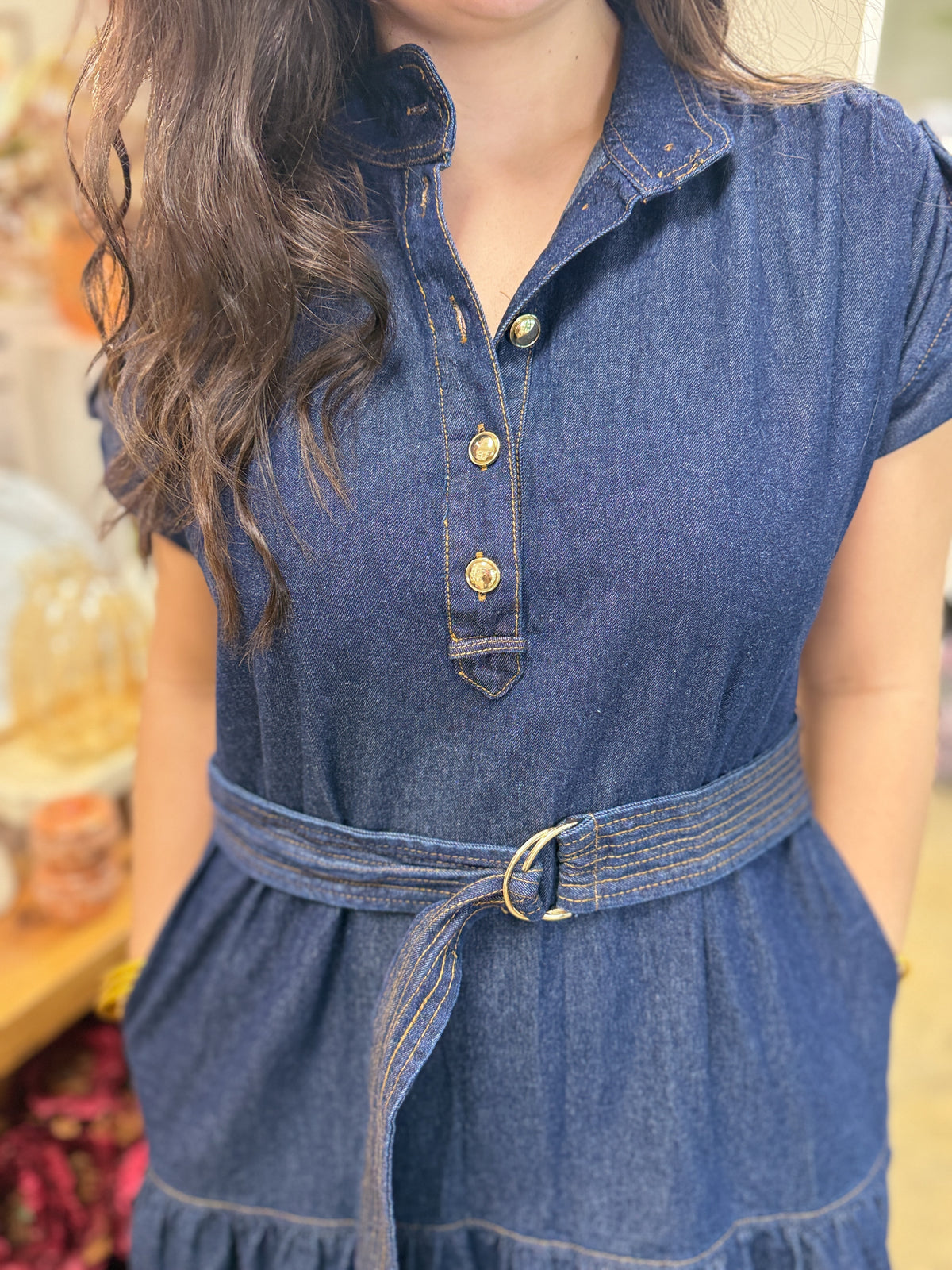 Denim Belted Tiered Midi Dress