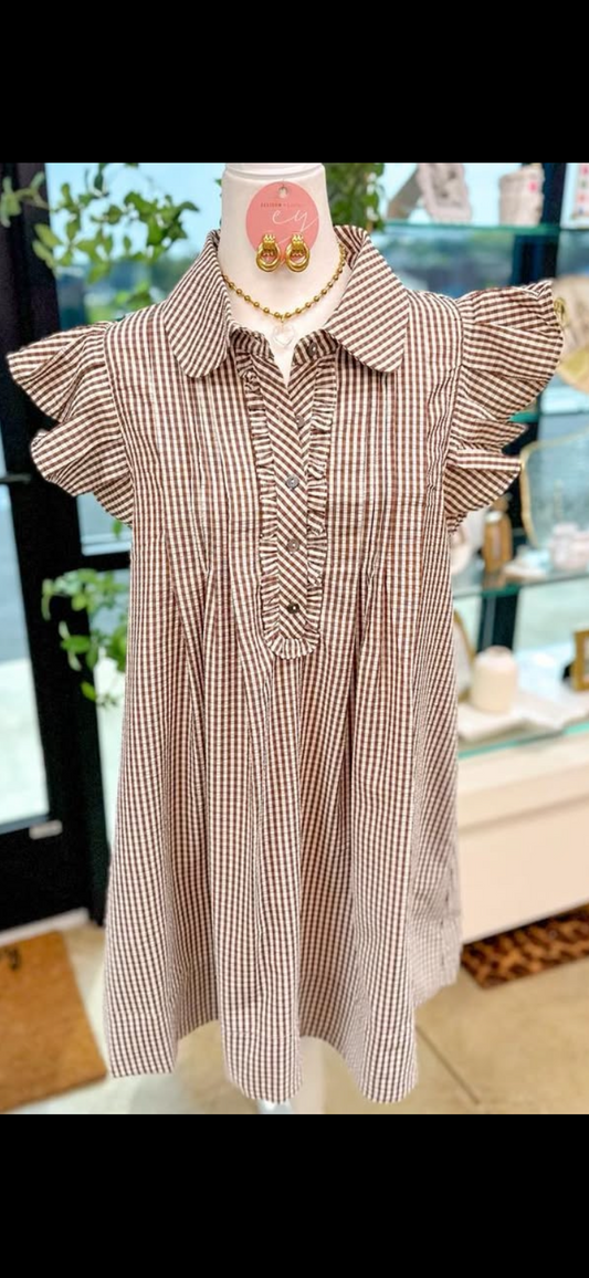Brown Gingham with Ruffle Sleeves Dress