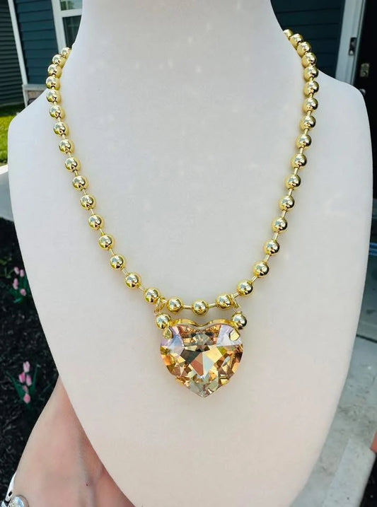 Champagne Crystal Heart Beaded Necklace