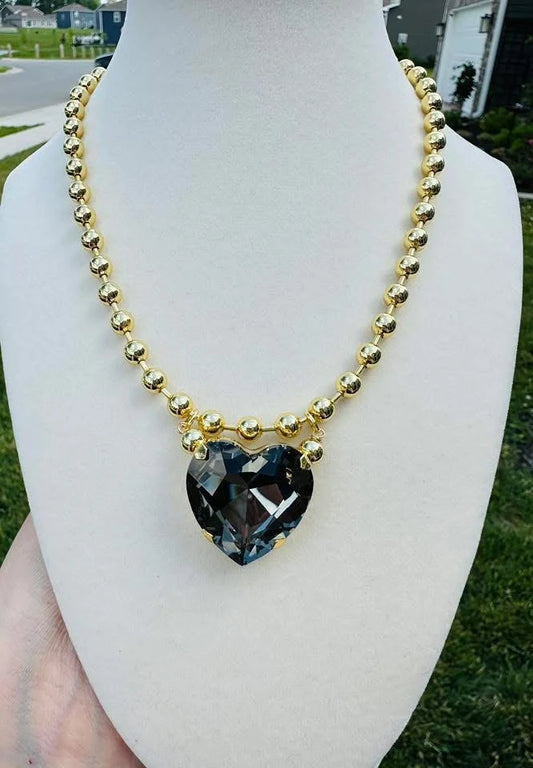 Smoky Crystal Heart Gold Beaded Necklace