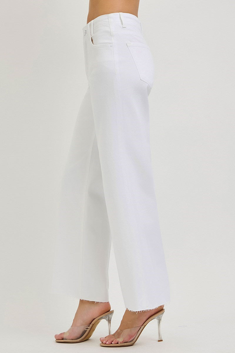 White Wide Raw Hem Jeans