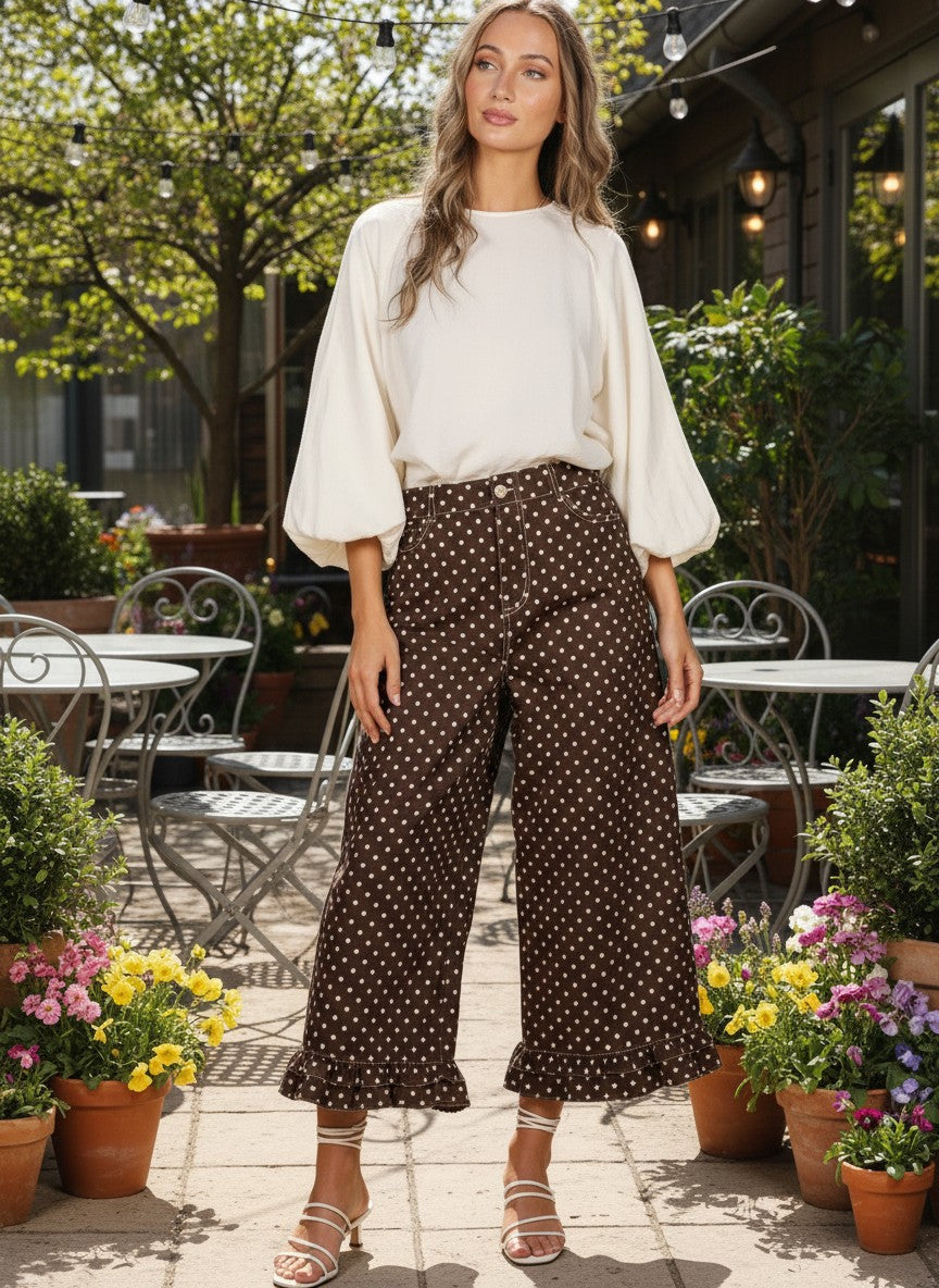 Brown Polka Dot Ruffled Jeans