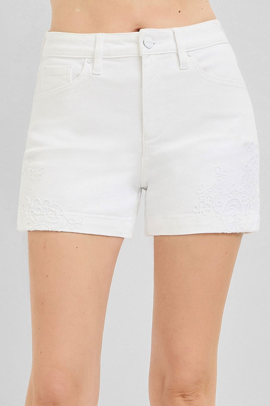 White Tummy Control Embroidered Shorts