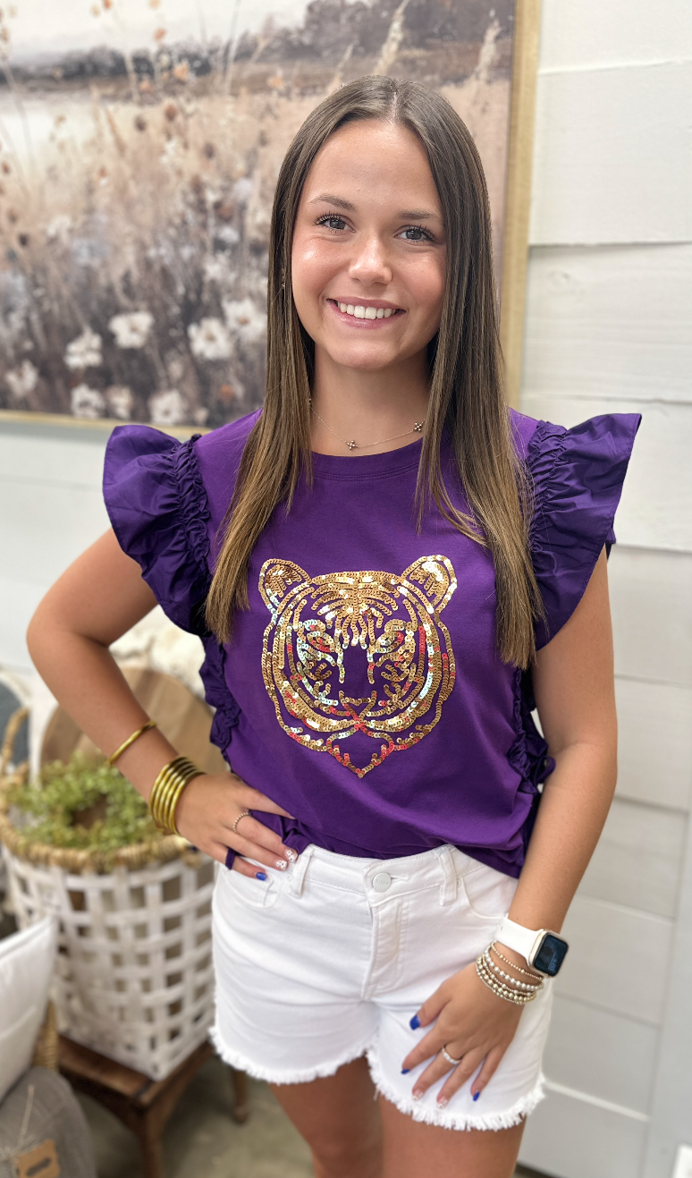 Tiger Sequin Game Day Top