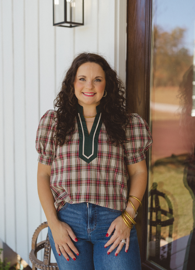 Collar Plaid Puff Sleeve Blouse