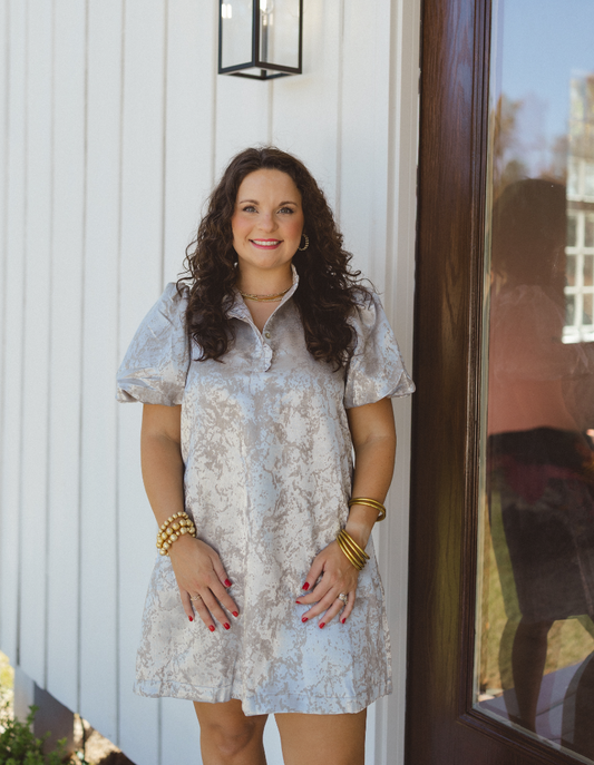 Silver Puff Sleeve Mini Dress