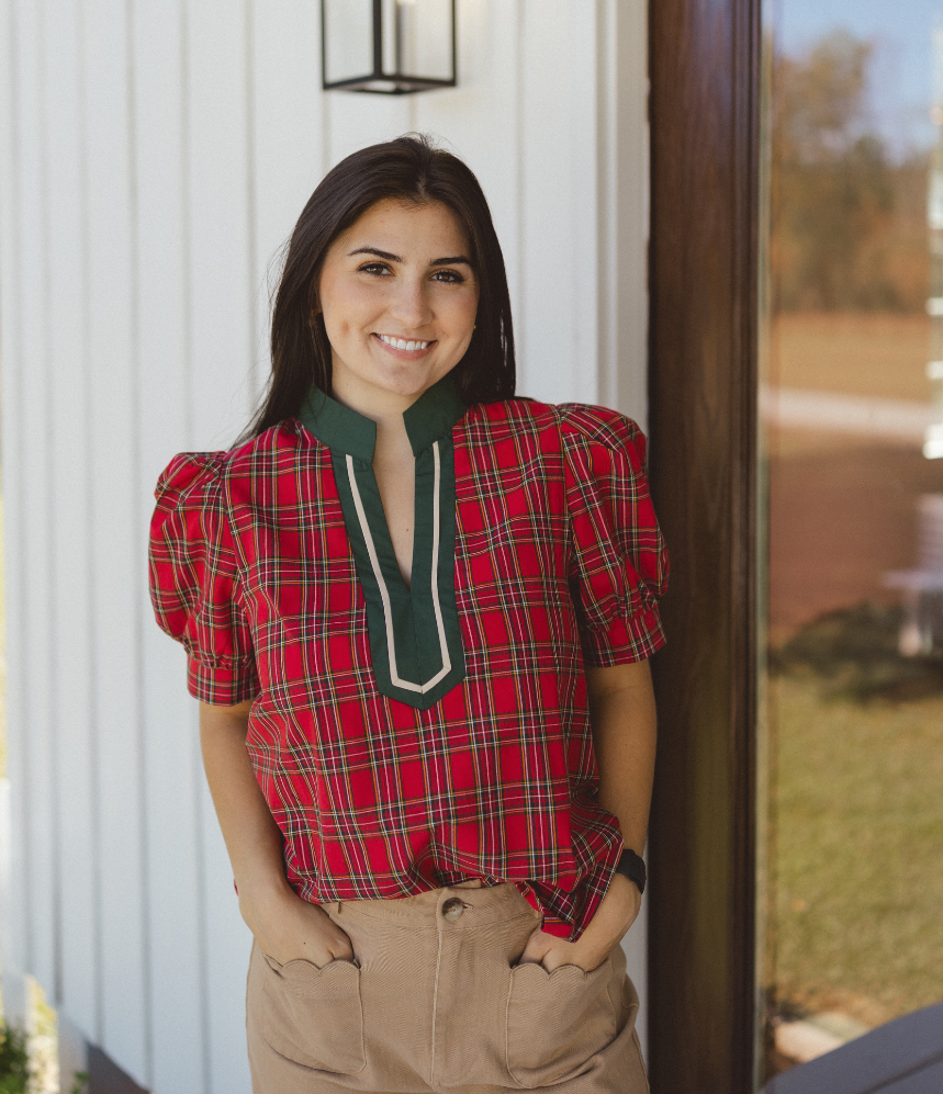Collar Plaid Puff Sleeve Blouse