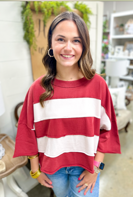 Crimson & White Color Block Top