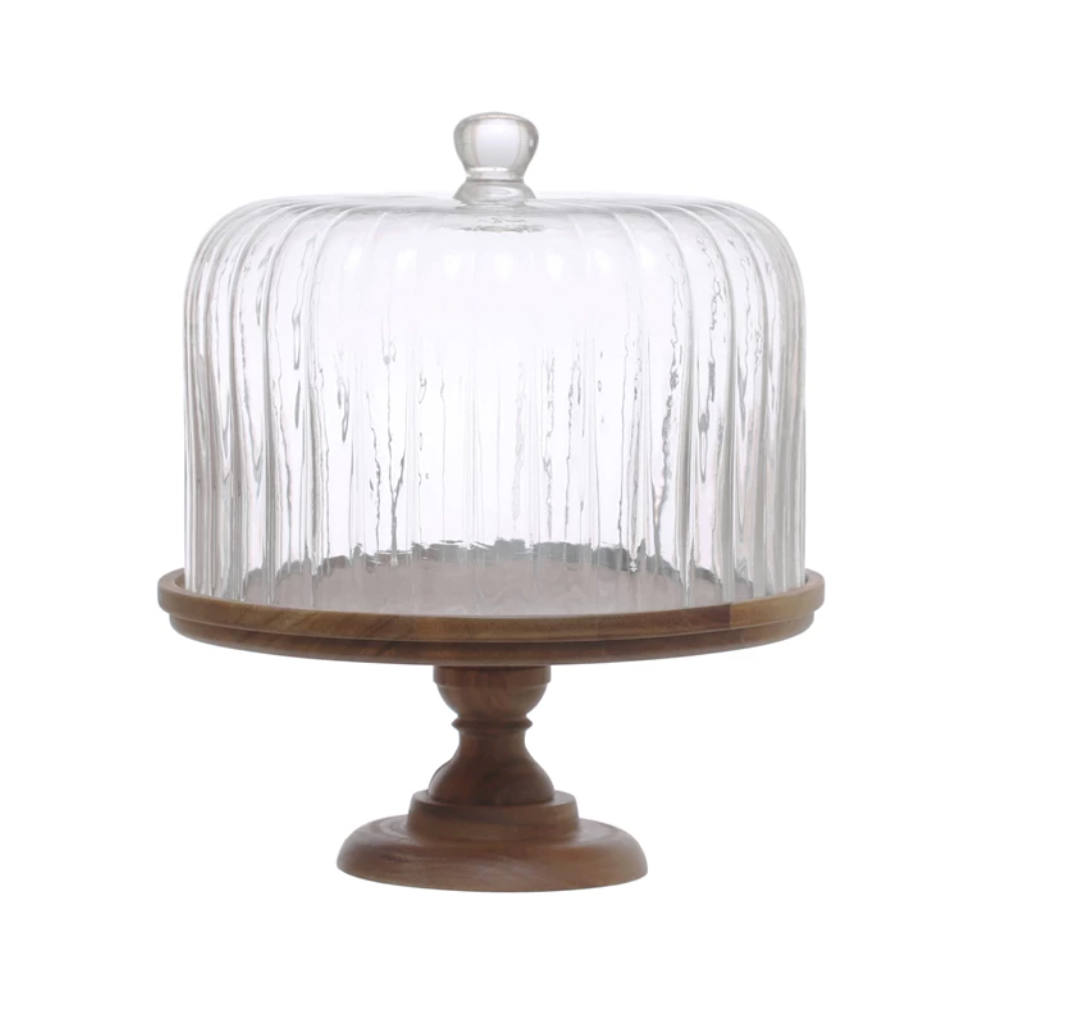 Wood Pedestal w/ Fluted Glass Cloche