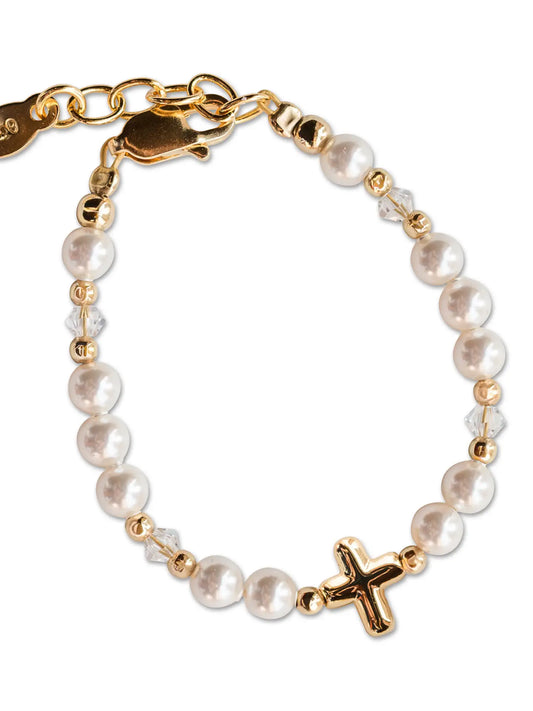 Cross, Pearl, & Gold Bead Baby Bracelet