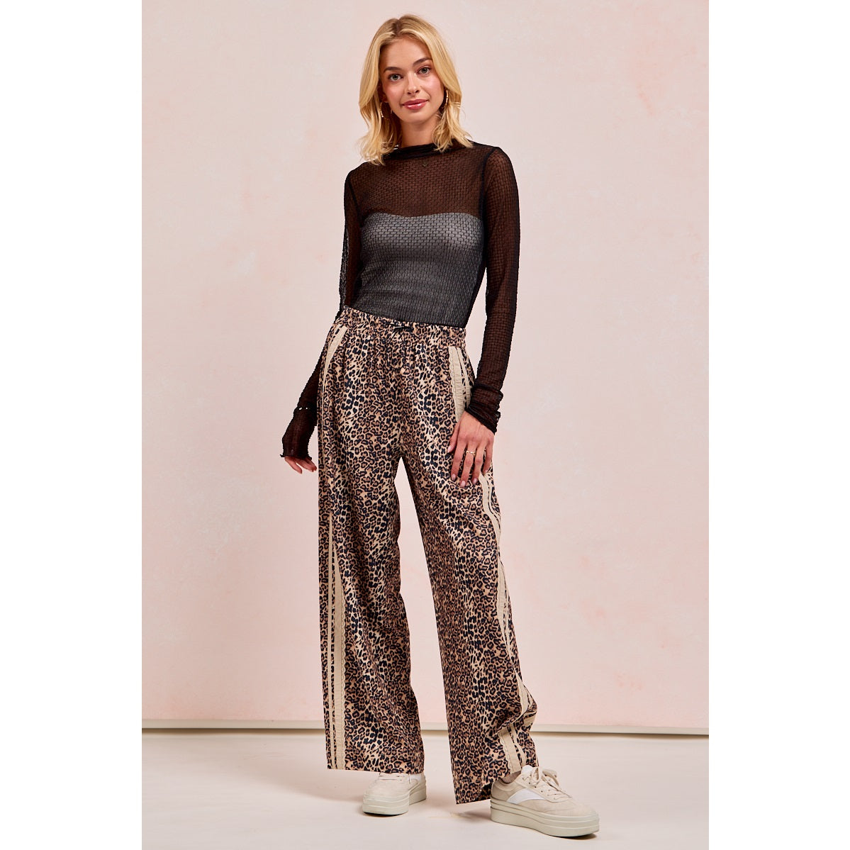 Lace Trim Leopard Drawstring Pants