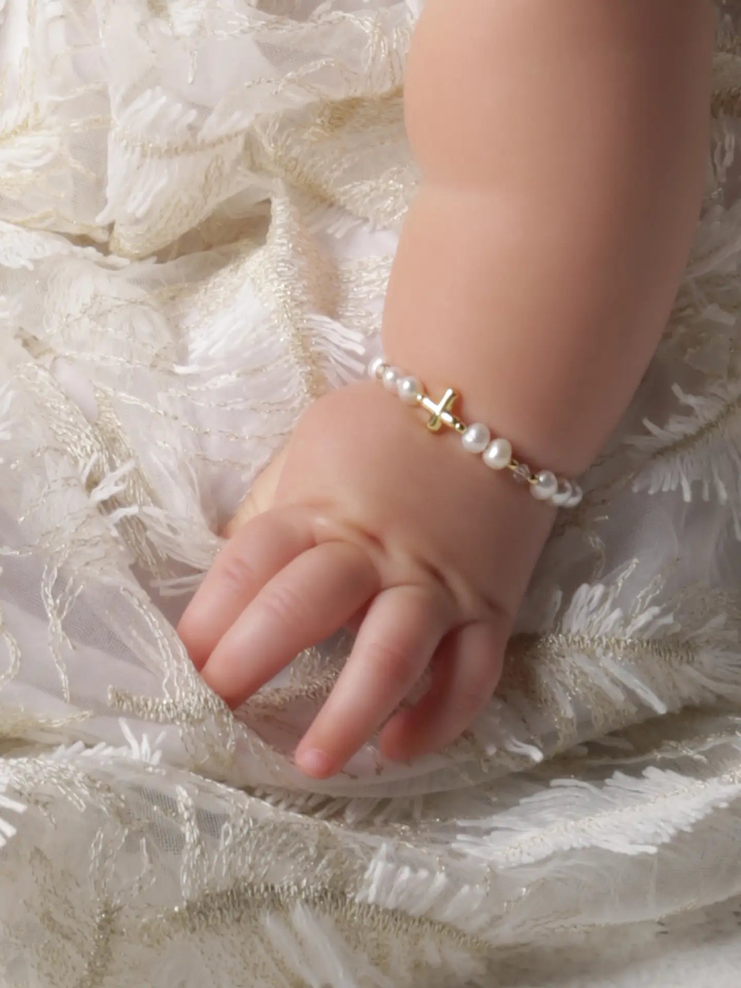 Cross, Pearl, & Gold Bead Baby Bracelet