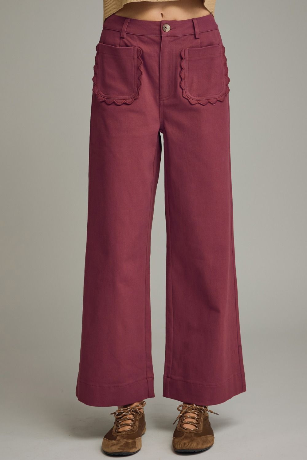 Burgundy Scallop Wide Leg Pants