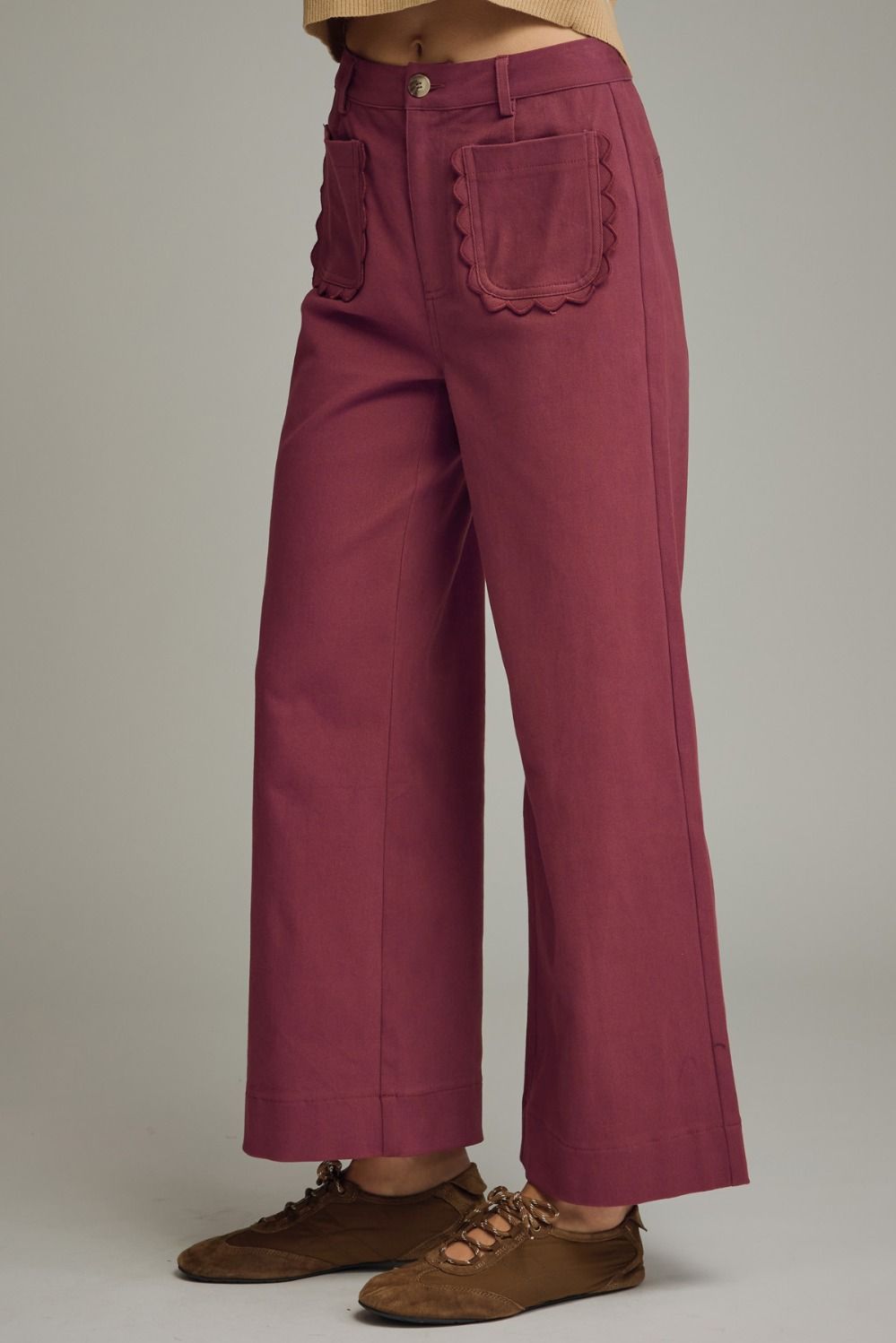 Burgundy Scallop Wide Leg Pants