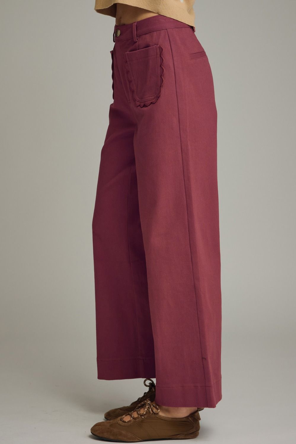 Burgundy Scallop Wide Leg Pants