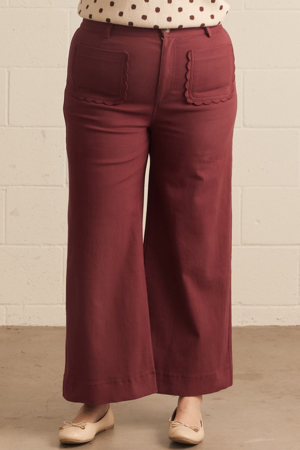 Burgundy Scallop Wide Leg Pants