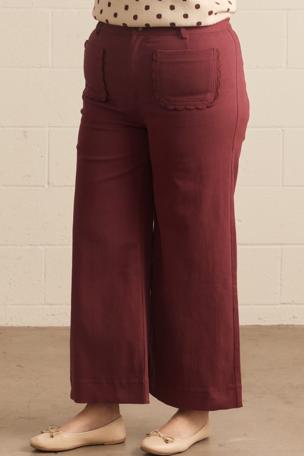 Burgundy Scallop Wide Leg Pants