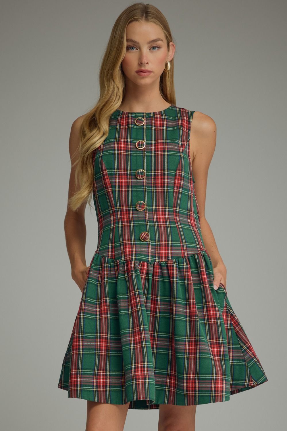 Green Plaid Button Mini Dress