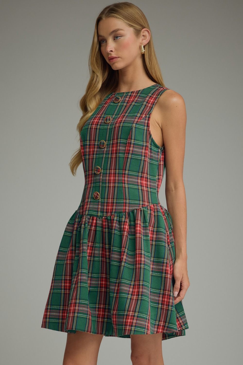Green Plaid Button Mini Dress