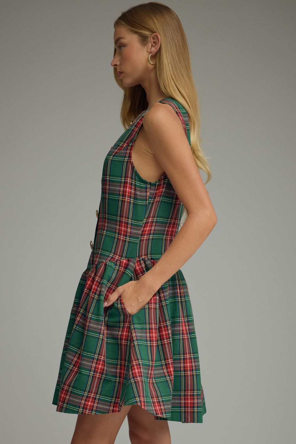 Green Plaid Button Mini Dress