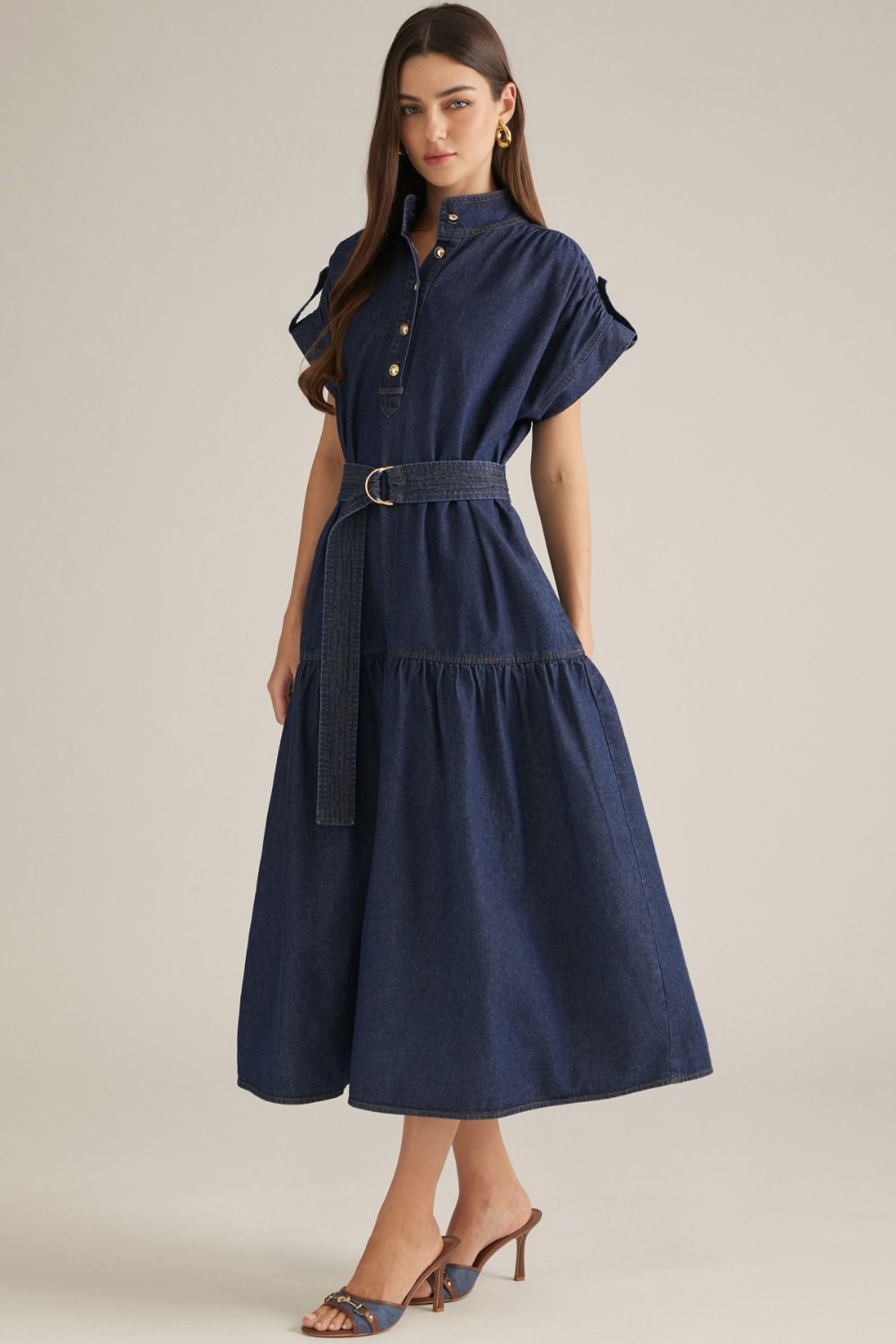 Denim Belted Tiered Midi Dress