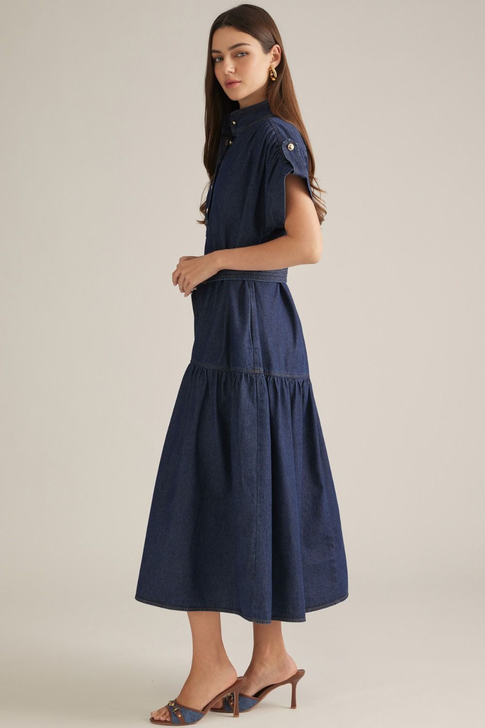 Denim Belted Tiered Midi Dress