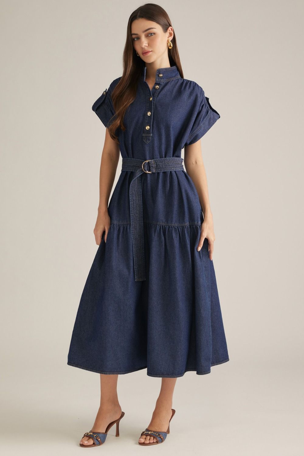 Denim Belted Tiered Midi Dress