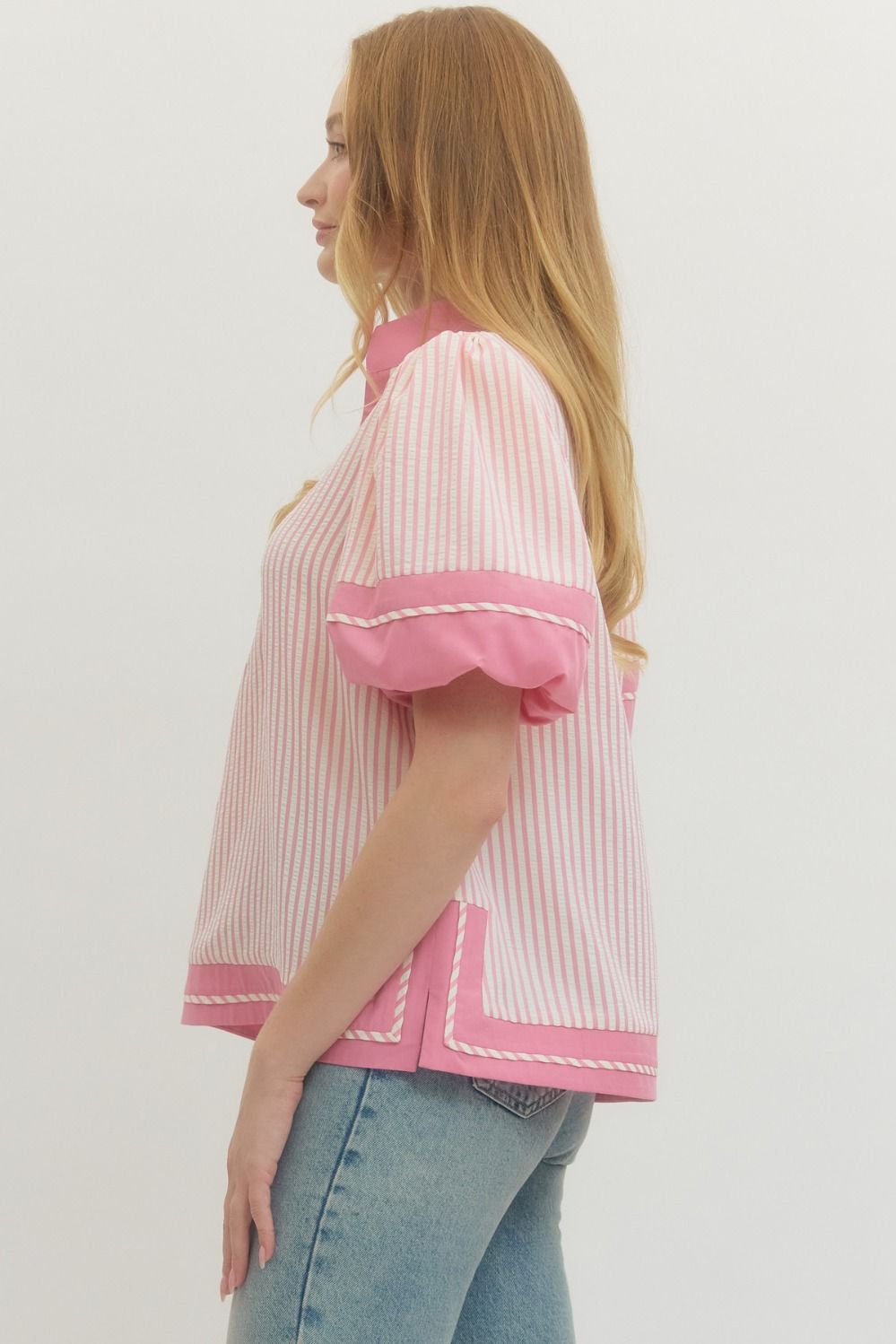 Blush Ribbon Puff‑Sleeve Blouse