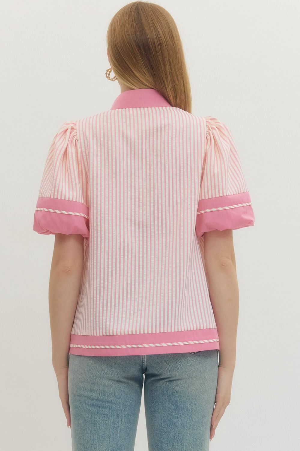 Blush Ribbon Puff‑Sleeve Blouse