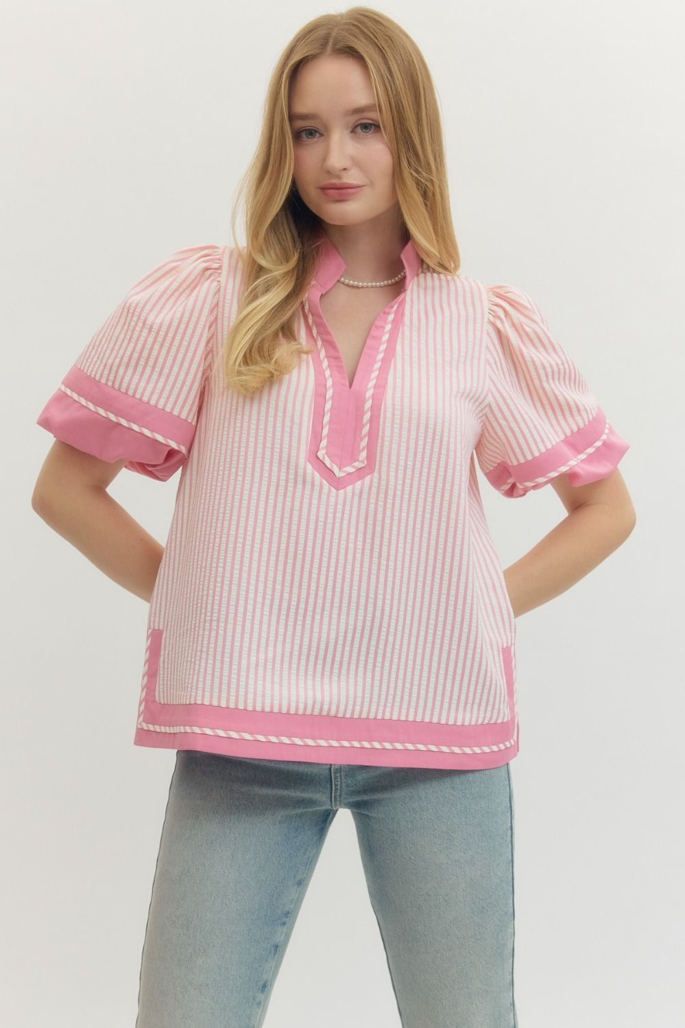 Blush Ribbon Puff‑Sleeve Blouse