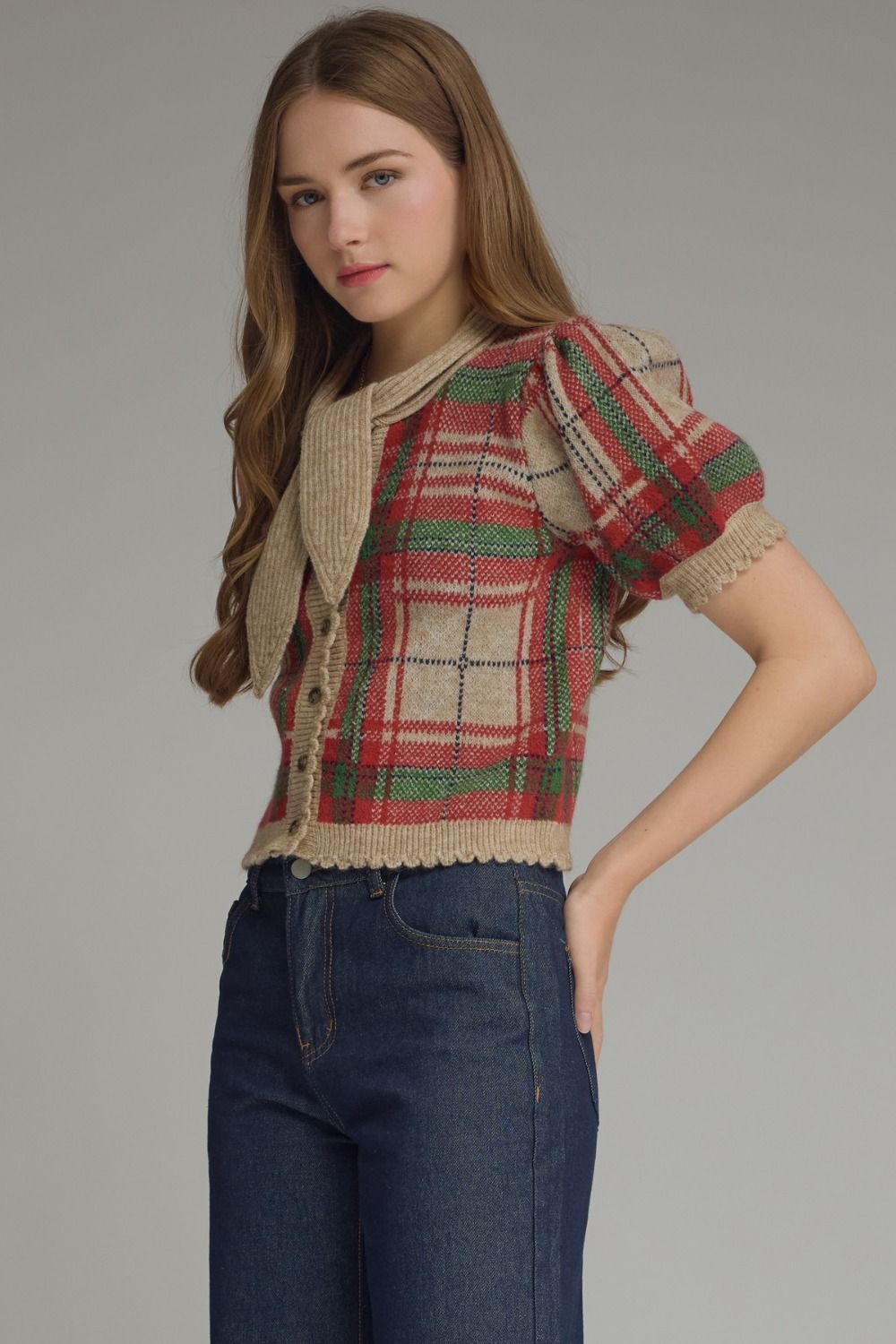 Plaid Knit Puff Sleeve Top