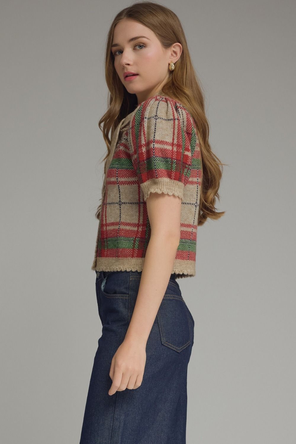 Plaid Knit Puff Sleeve Top