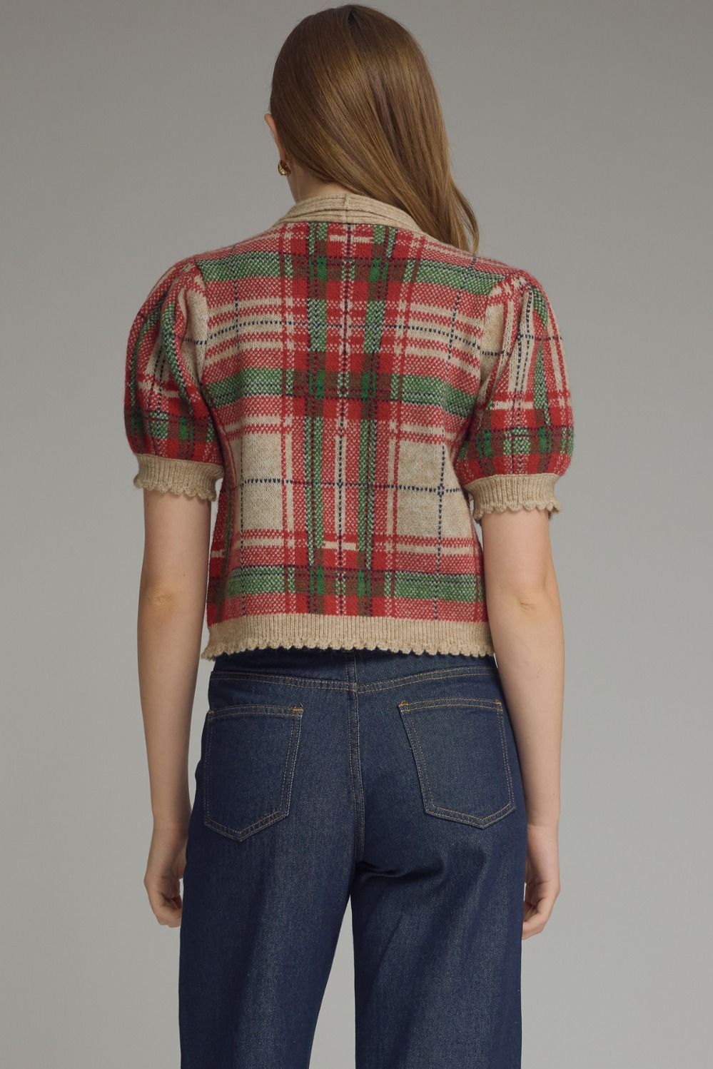 Plaid Knit Puff Sleeve Top