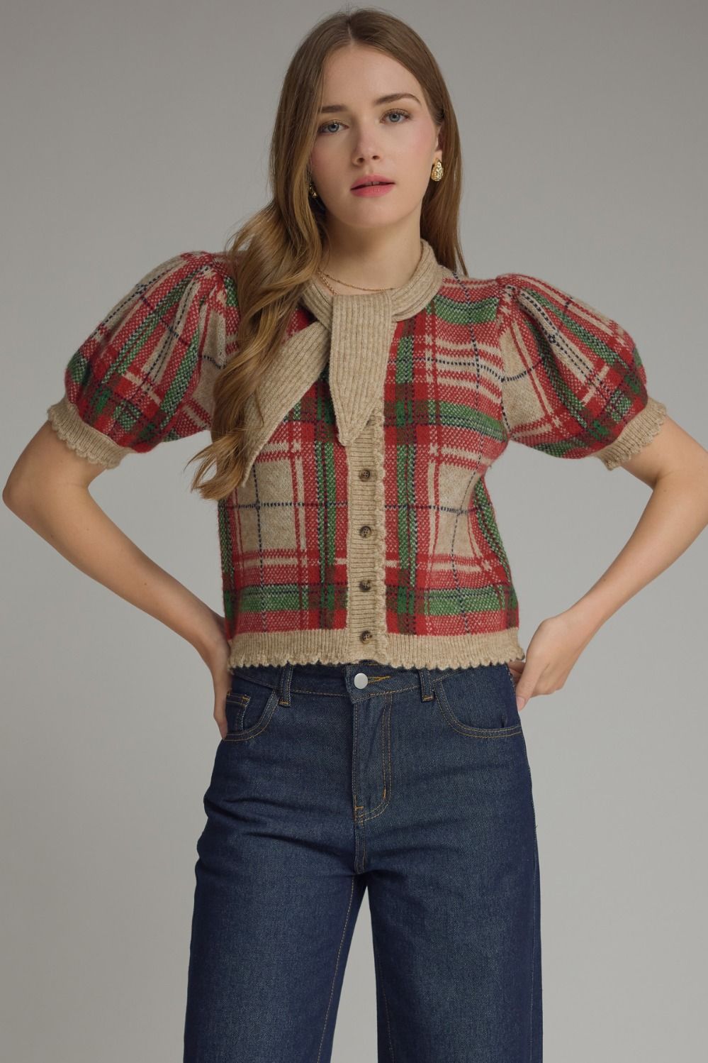 Plaid Knit Puff Sleeve Top