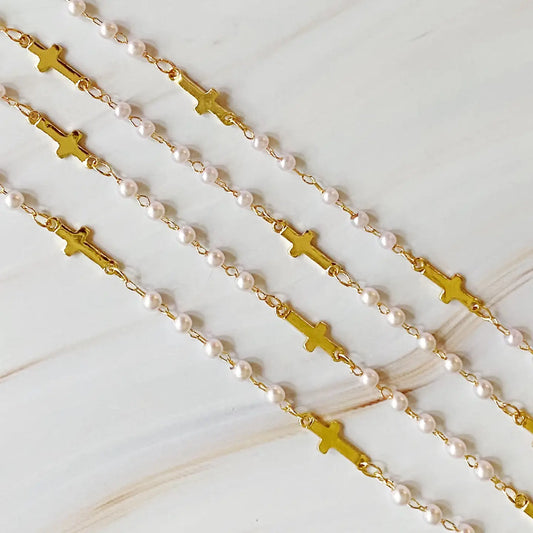 Long Pearls & Crosses Necklace