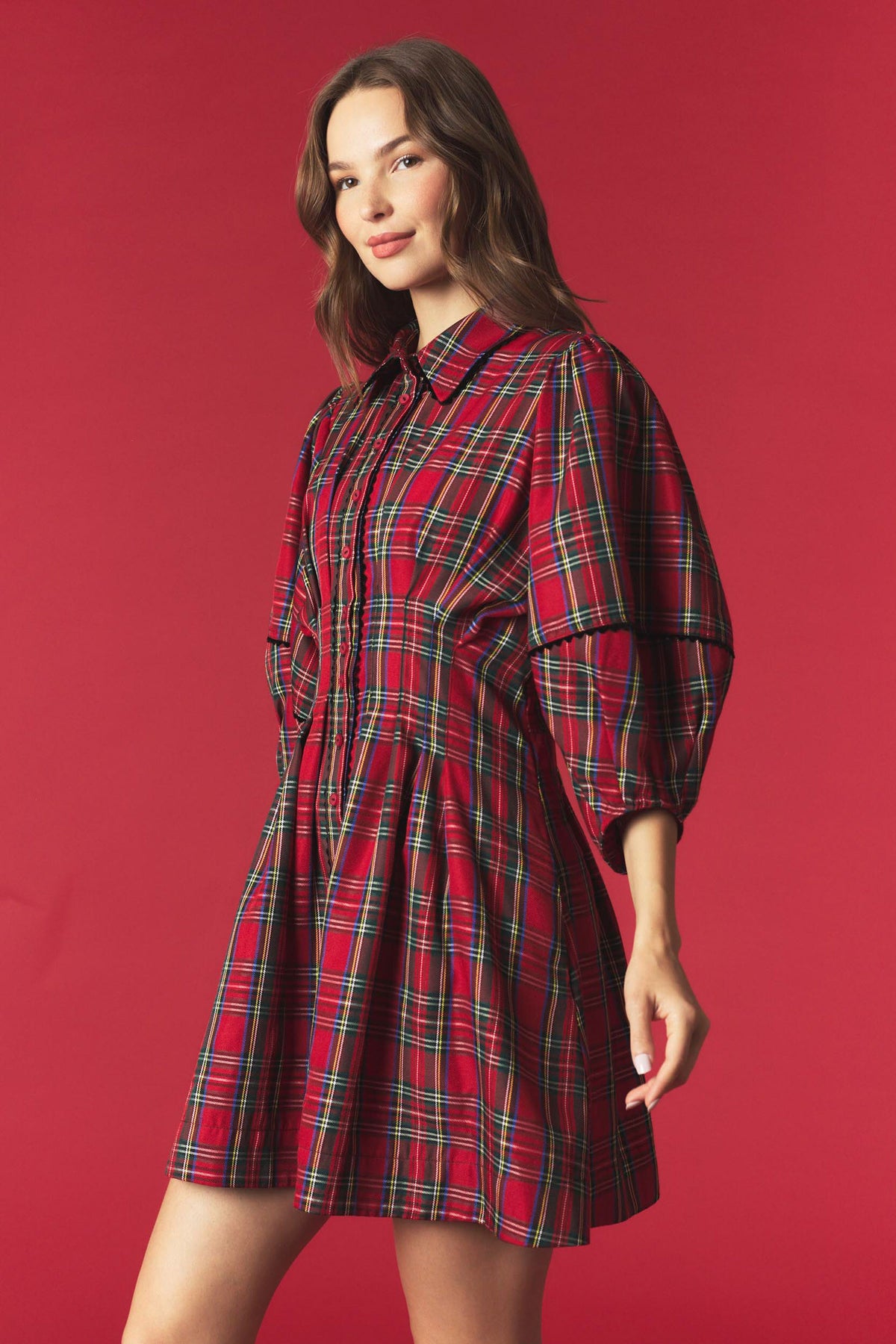 Plaid Velvet Trim Pleated Dress